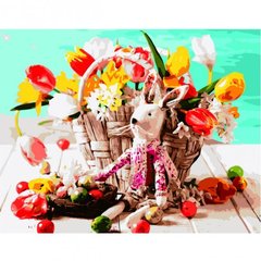 Картина за номерами "Іграшка зайченя біля корзини квітів", 40х50 см