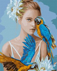 Картина за номерами. "Дівчина з блакитними папугами" 40х50см