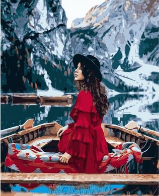 Картина за номерами "Дівчина в червоному серед гір" , 40х50 см