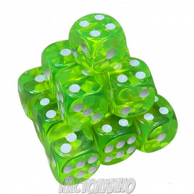 Кубик D6 14 мм, Светло зеленый, прозрачный с точками