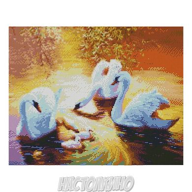 Алмазна мозаїка «Лебеді на заході в ставку», 40х50 см